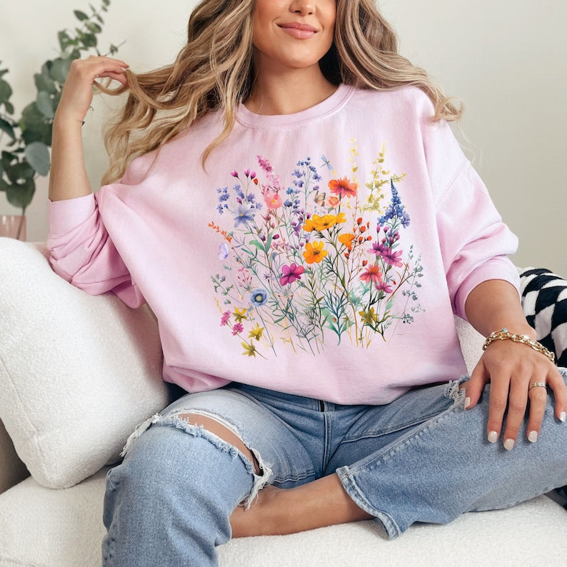 Cute Flowers Sweatshirt Butterfly Wildflowers Sweater