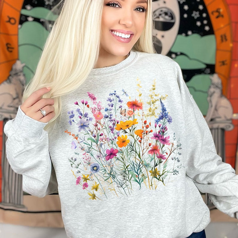 Cute Flowers Sweatshirt Butterfly Wildflowers Sweater