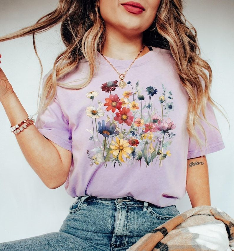Boho-Aquarell-Wildblumen-T-Shirt