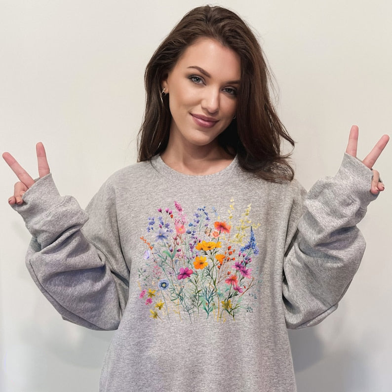 Cute Flowers Sweatshirt Butterfly Wildflowers Sweater