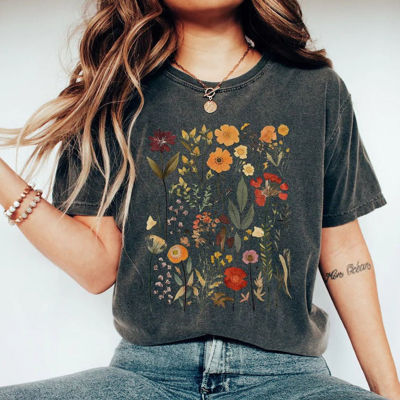Chemise à fleurs Boho à fleurs sauvages pressées rétro