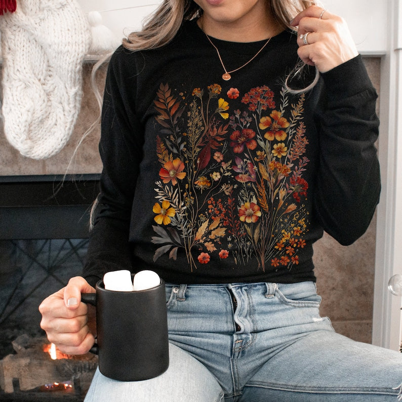 Sweat-shirt à manches longues d'automne Boho Wildflowers