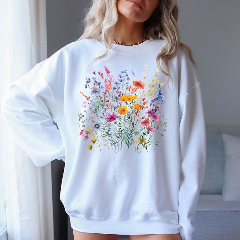 Cute Flowers Sweatshirt Butterfly Wildflowers Sweater