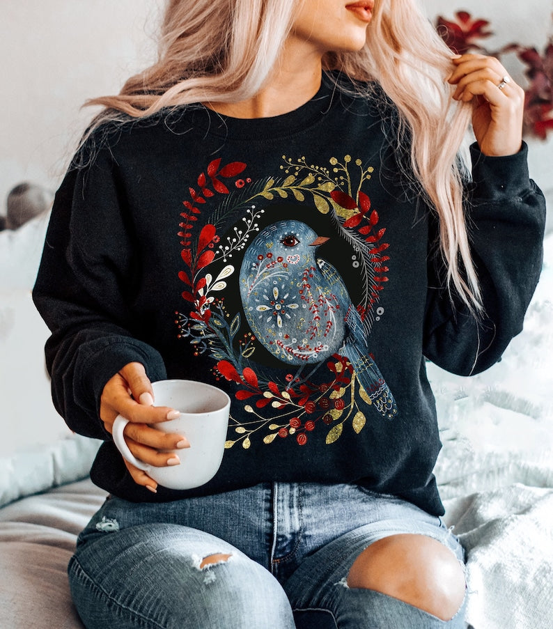 Sweat-shirt d’oiseau d’art populaire Sweat-shirt botanique nordique