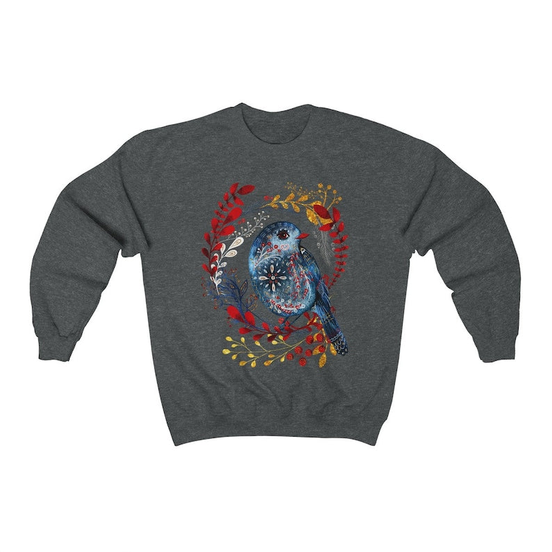 Sweat-shirt d’oiseau d’art populaire Sweat-shirt botanique nordique