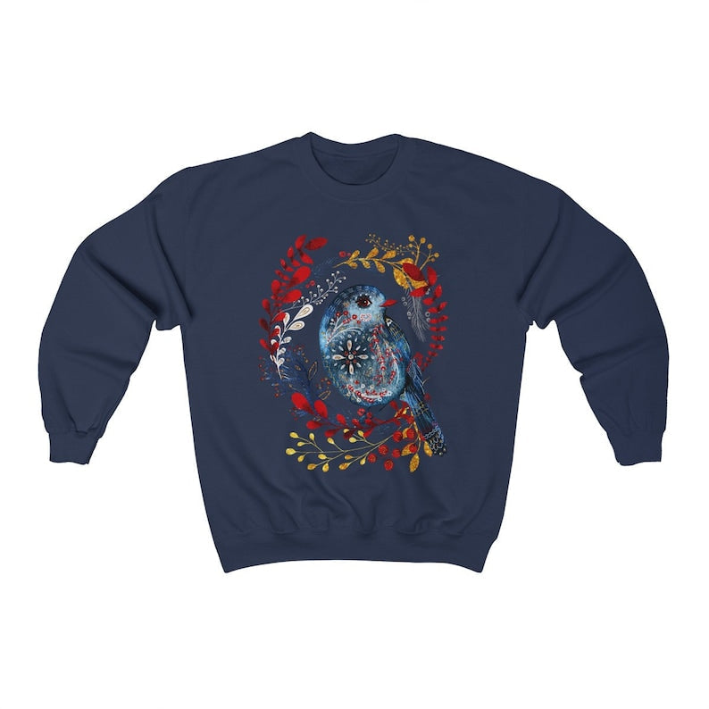 Sweat-shirt d’oiseau d’art populaire Sweat-shirt botanique nordique