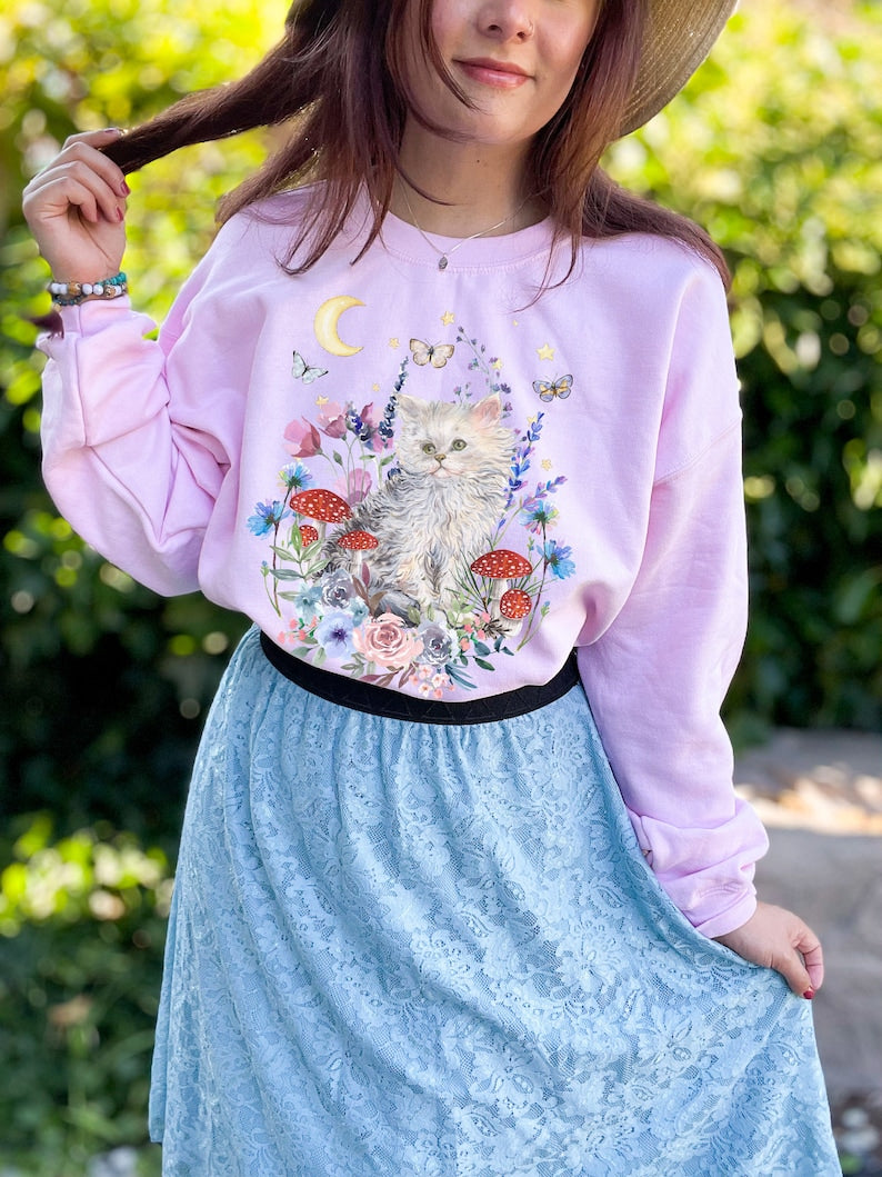 vintage Cat Sweater Cottagecore Floral Esthétique Sweatshirt