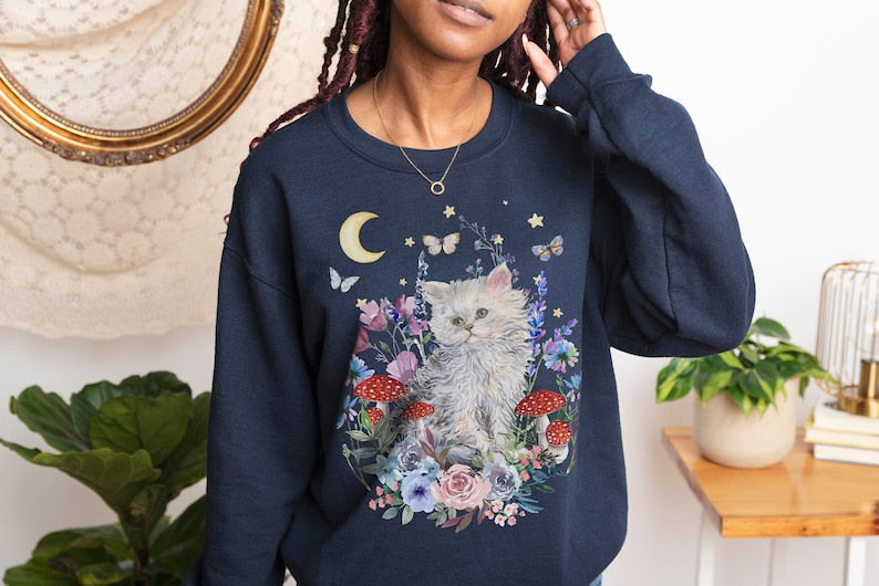 vintage Cat Sweater Cottagecore Floral Esthétique Sweatshirt