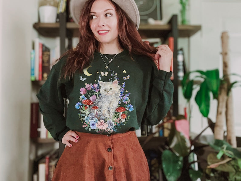 vintage Cat Sweater Cottagecore Floral Esthétique Sweatshirt