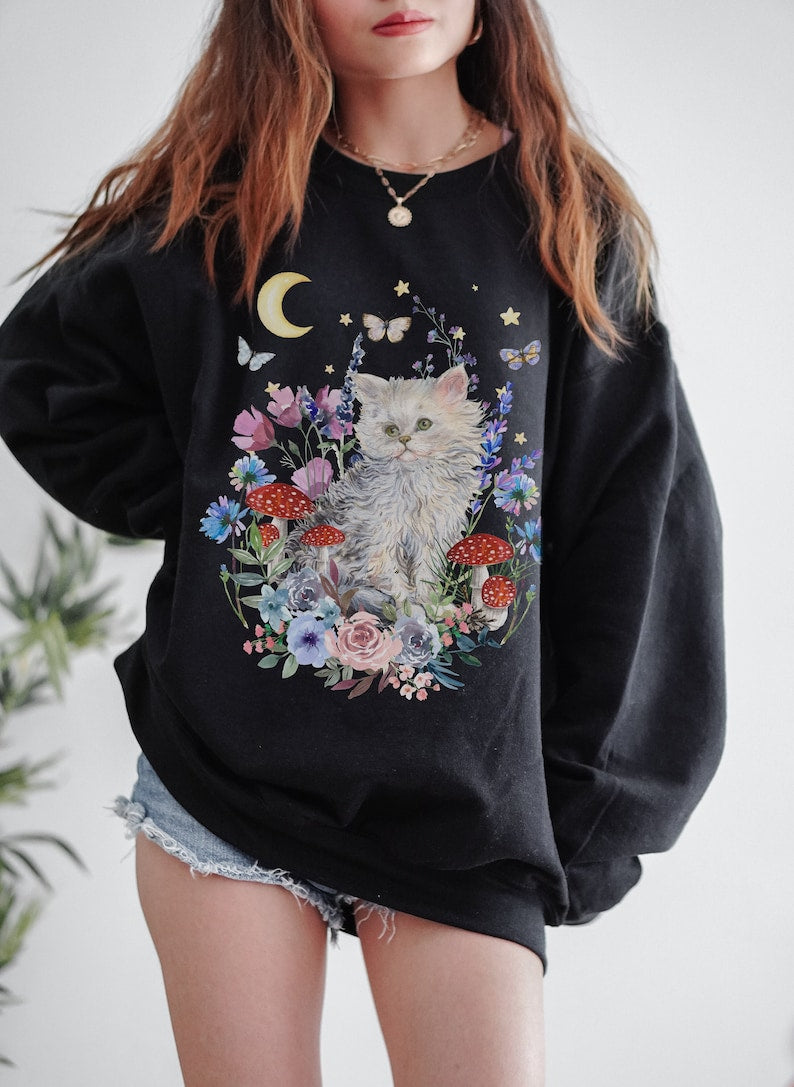 vintage Cat Sweater Cottagecore Floral Esthétique Sweatshirt