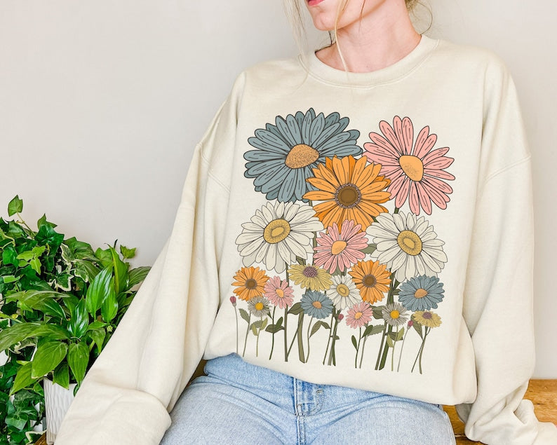 Sweat-shirt à fleurs de marguerites rétro