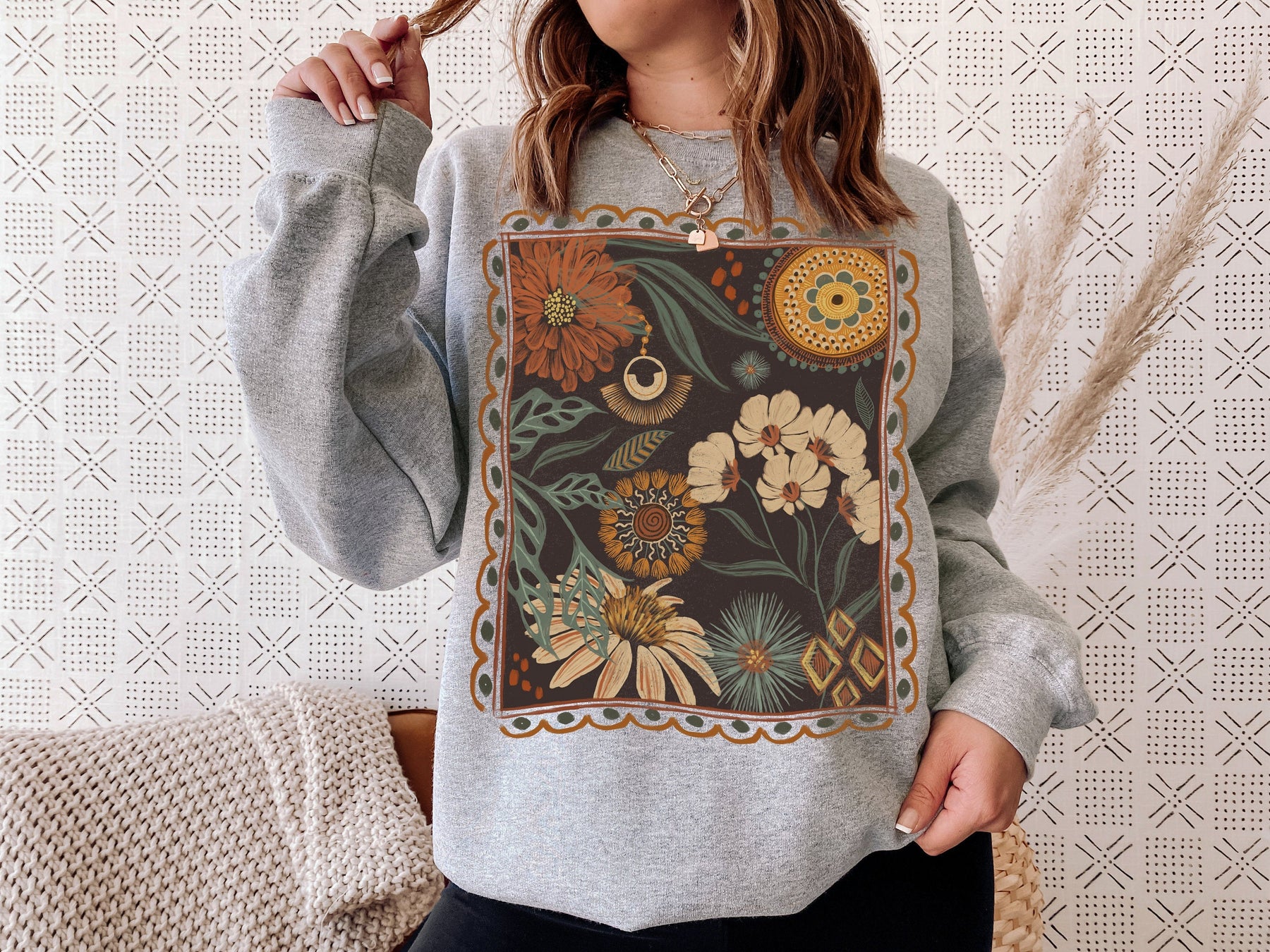 Sweat-shirt confortable à col rond et motif floral bohème Cottagecore