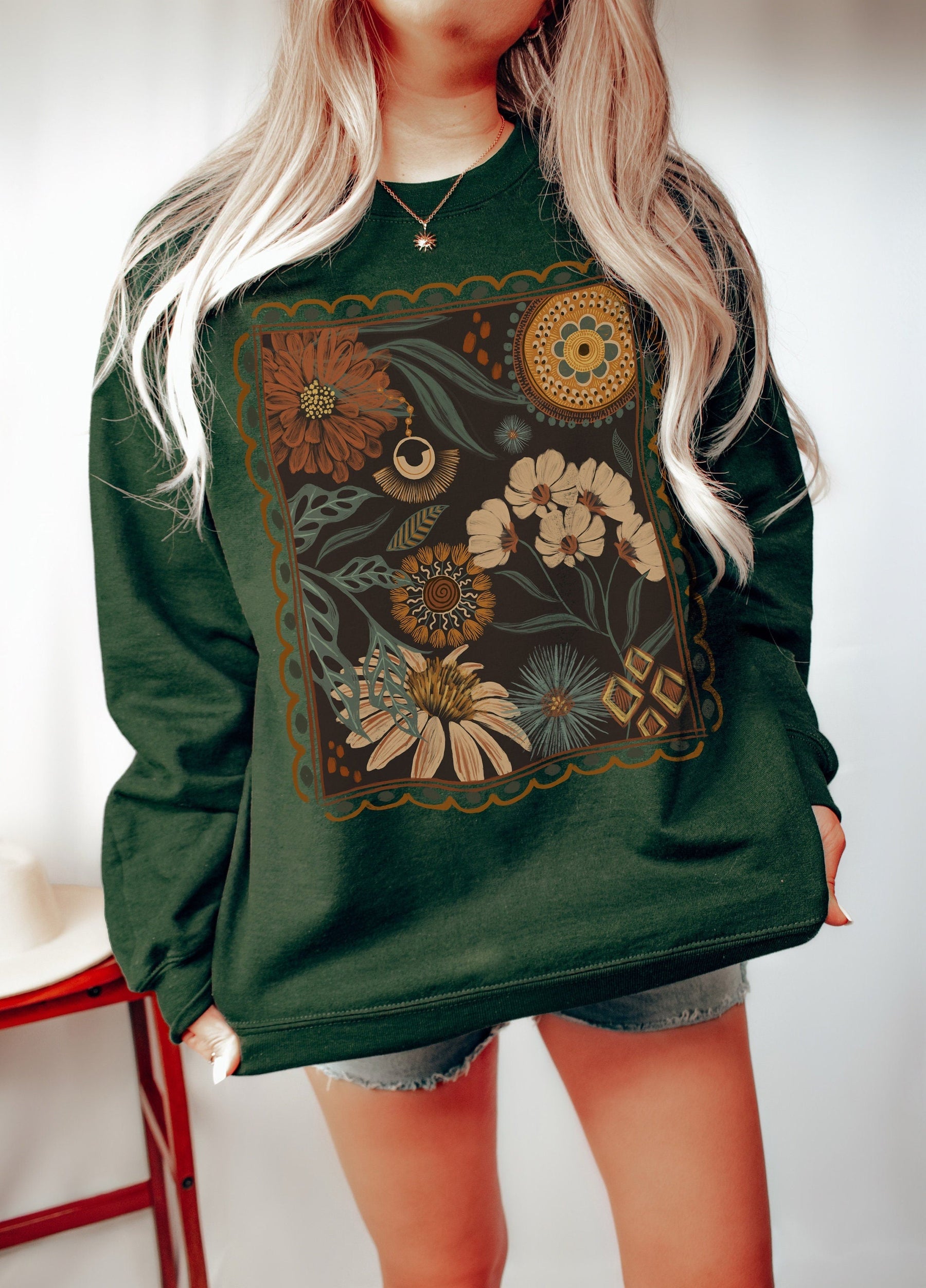 Sweat-shirt confortable à col rond et motif floral bohème Cottagecore