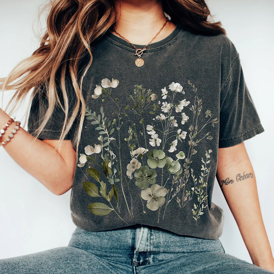 Chemise de fleurs sauvages Boho à fleurs pressées vintage 