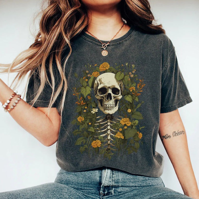 T-shirt d'été pour les amoureux des plantes, crâne floral, drôle