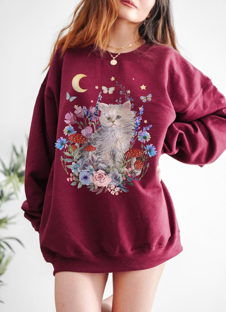 Vintage Katzenpullover Cottagecore Floral Ästhetisches Sweatshirt 