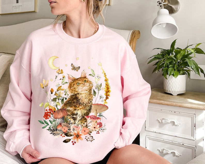 Vintage Katze Floral Ästhetisches Crewneck Sweatshirt 