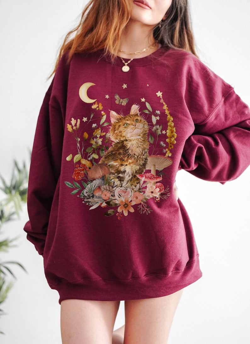 Vintage Katze Floral Ästhetisches Crewneck Sweatshirt 