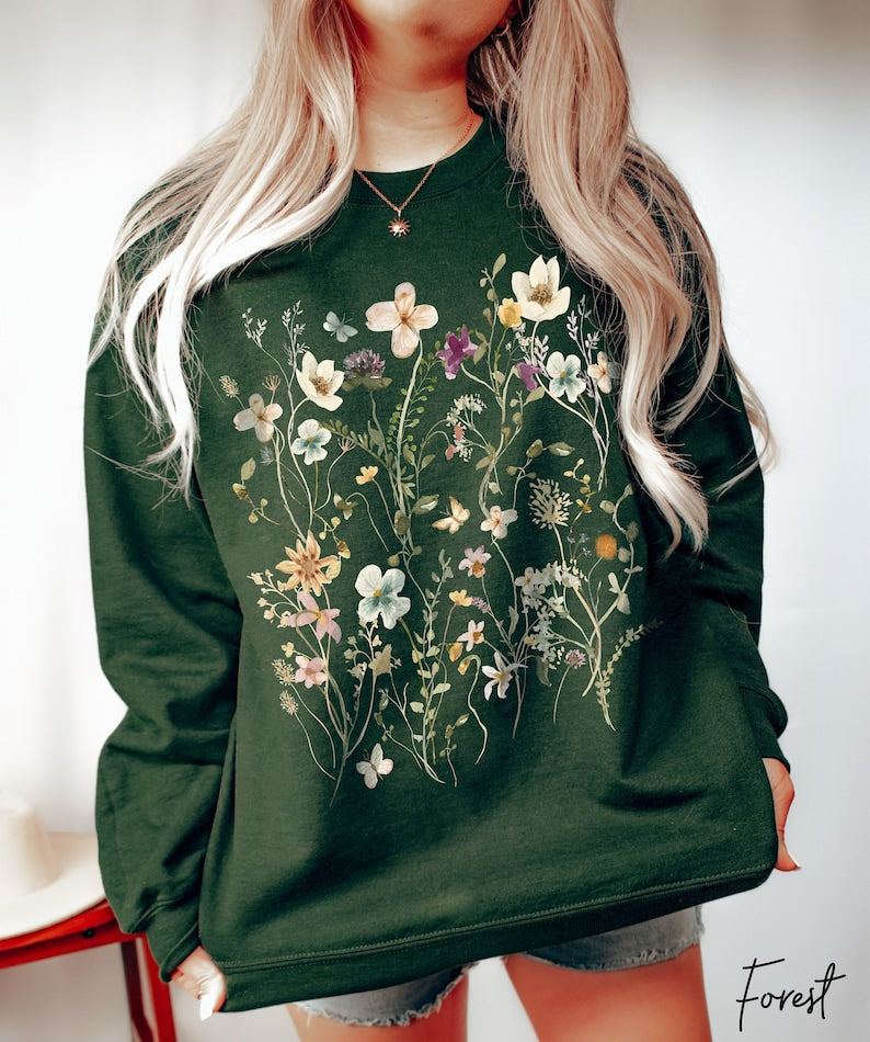 Sweat-shirt à fleurs pressées vintage Sweat-shirt surdimensionné à fleurs sauvages