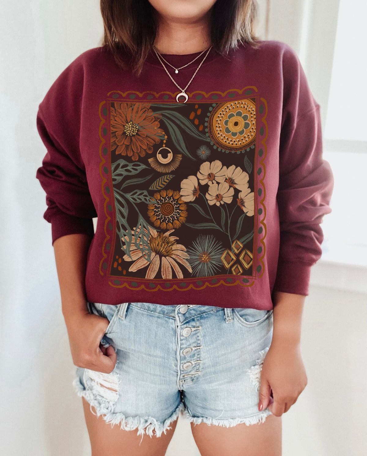 Bohemian Floral Cottagecore Crew Neck Comfort Sweatshirt