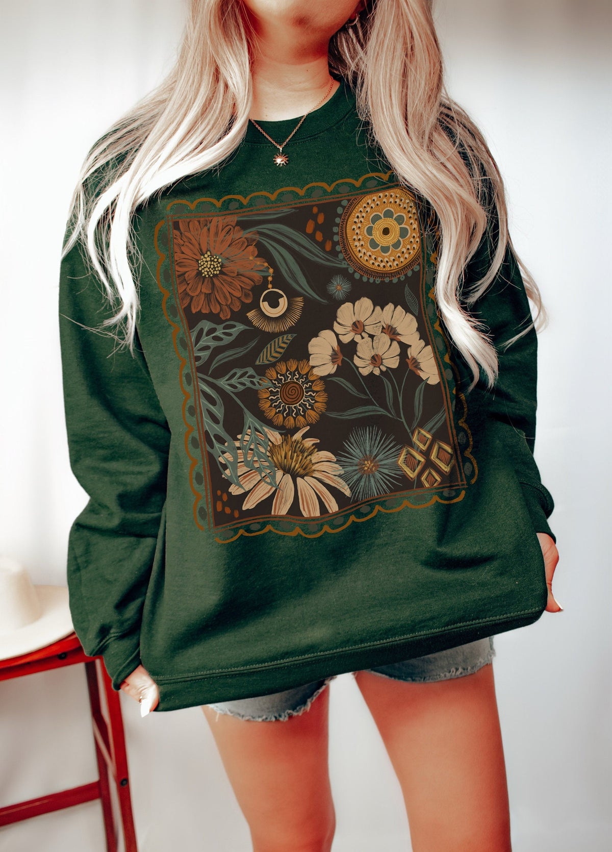 Bohemian Floral Cottagecore Crew Neck Comfort Sweatshirt