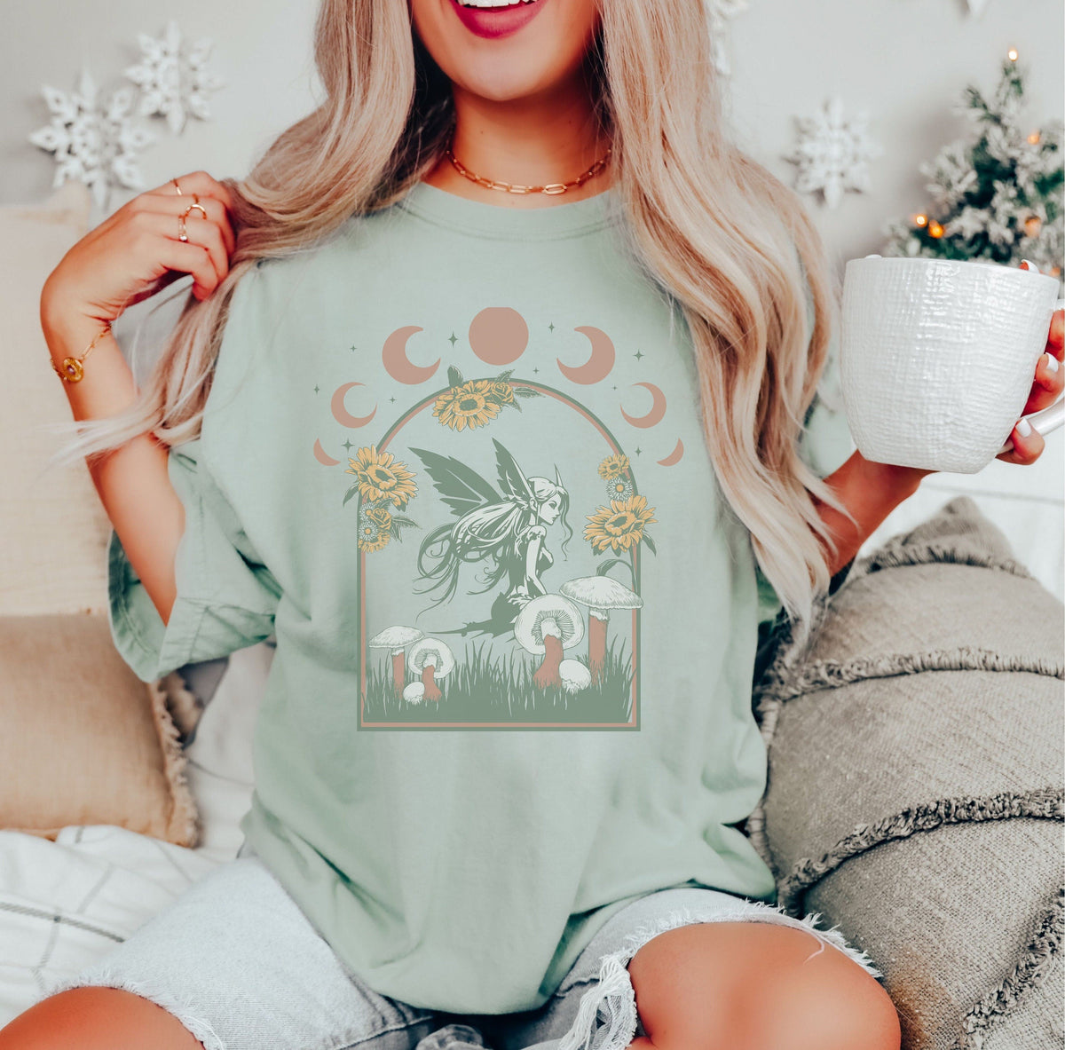 Copie du T-shirt Boho de sorcière verte de lune mystique